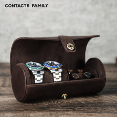 Luxury Brown Genuine Leather Watch Roll & Cufflink Case – Premium Travel Organizer