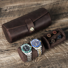 Luxury Brown Genuine Leather Watch Roll & Cufflink Case – Premium Travel Organizer